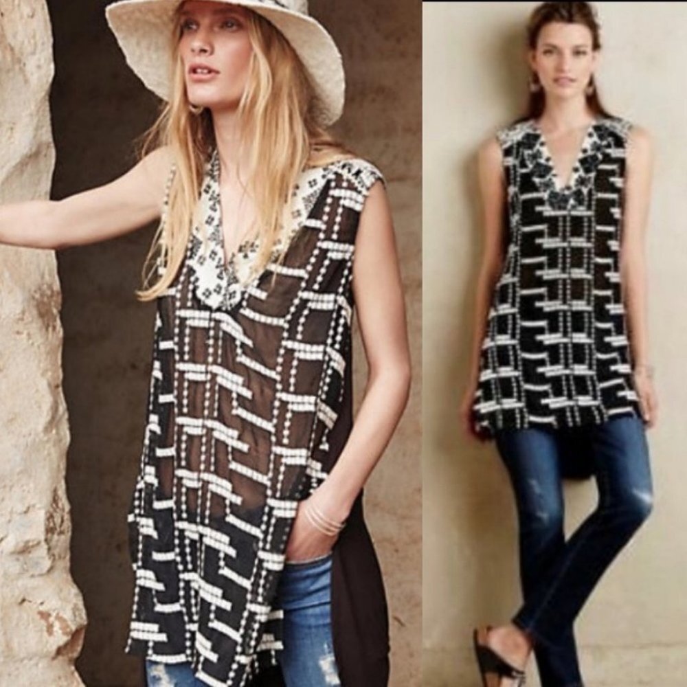 Anthropologie Tiny Chapparal Tunic Embroidered Bohemian‎ Hippie Sheer Size XS